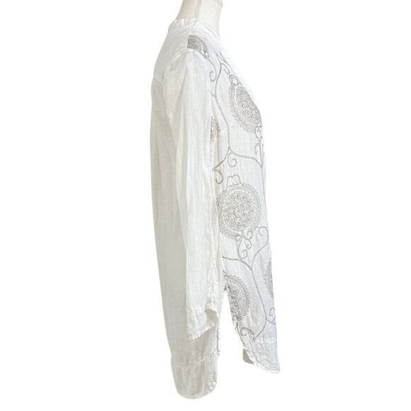 120% LINO WHITE LINEN SILVER GREY MEDALLION PRINT V-NECKLINE SHIFT TUNIC DRESS - Picture 2 of 12